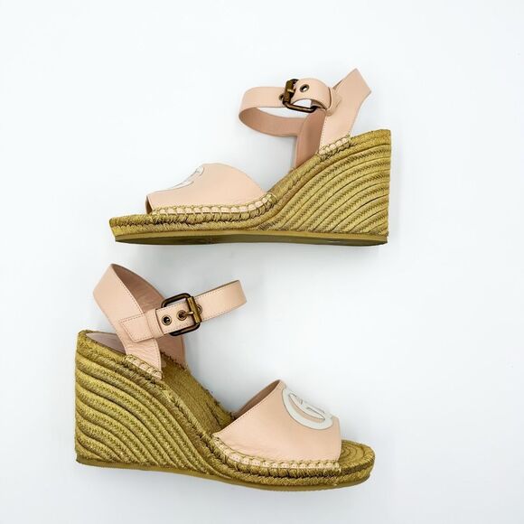 Gucci GG Pink Espadrille Gold Wedge Sandals EU 38, US 8 - Picture 7 of 10